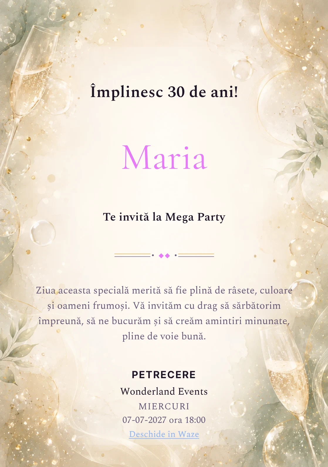 Modelul Champagne Mood, invitație de zi de naștere pentru adulți, prezintă bule fine, strălucire rafinat și verde salvie pal.
