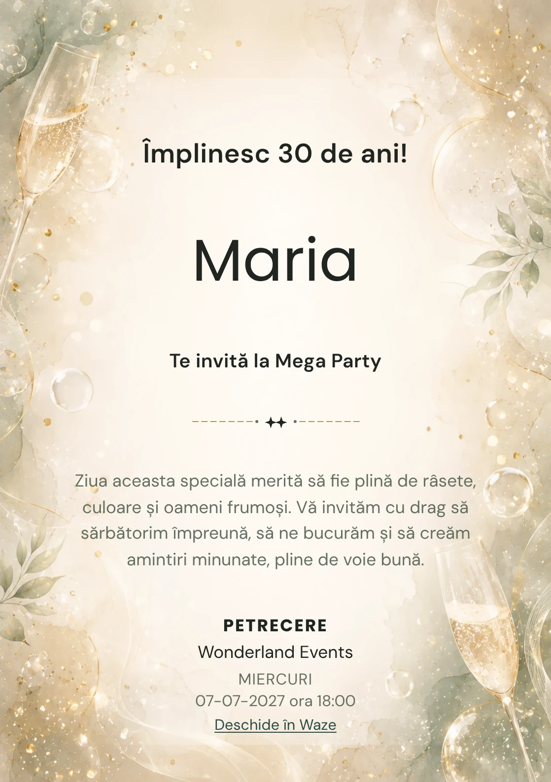 Modelul Champagne Mood, invitație de zi de naștere pentru adulți, prezintă bule fine, strălucire rafinat și verde salvie pal.