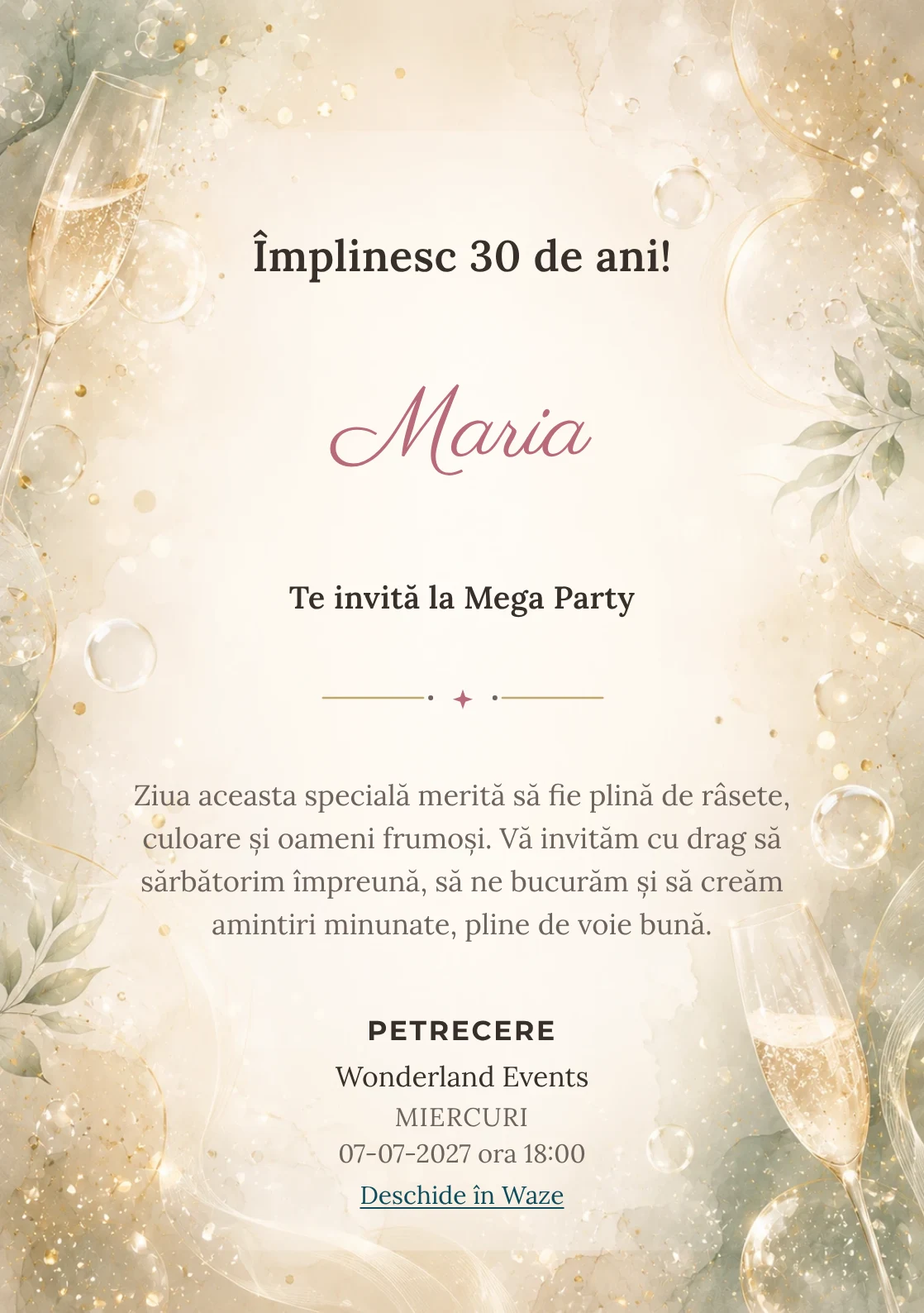 Modelul Champagne Mood, invitație de zi de naștere pentru adulți, prezintă bule fine, strălucire rafinat și verde salvie pal.