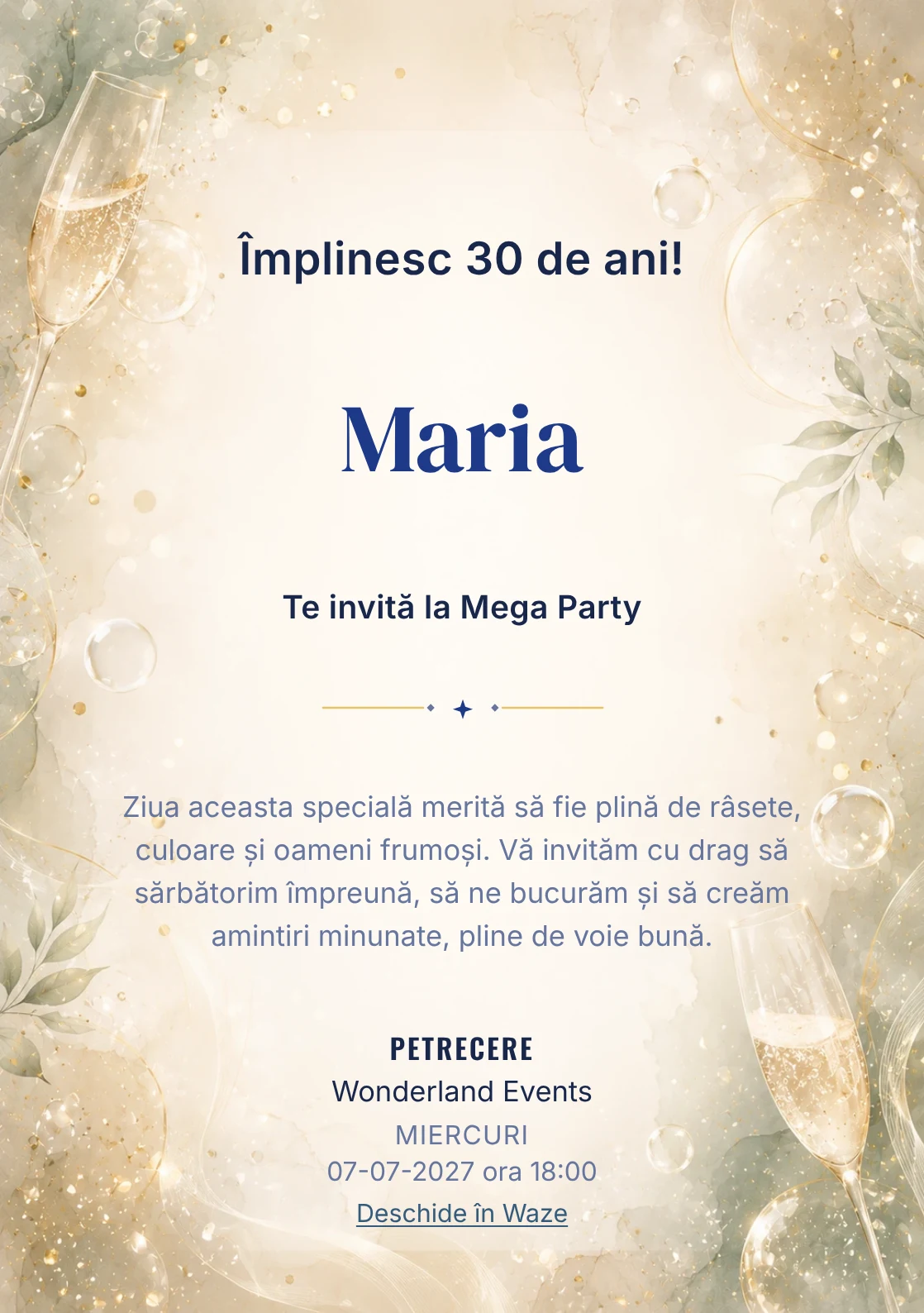 Modelul Champagne Mood, invitație de zi de naștere pentru adulți, prezintă bule fine, strălucire rafinat și verde salvie pal.