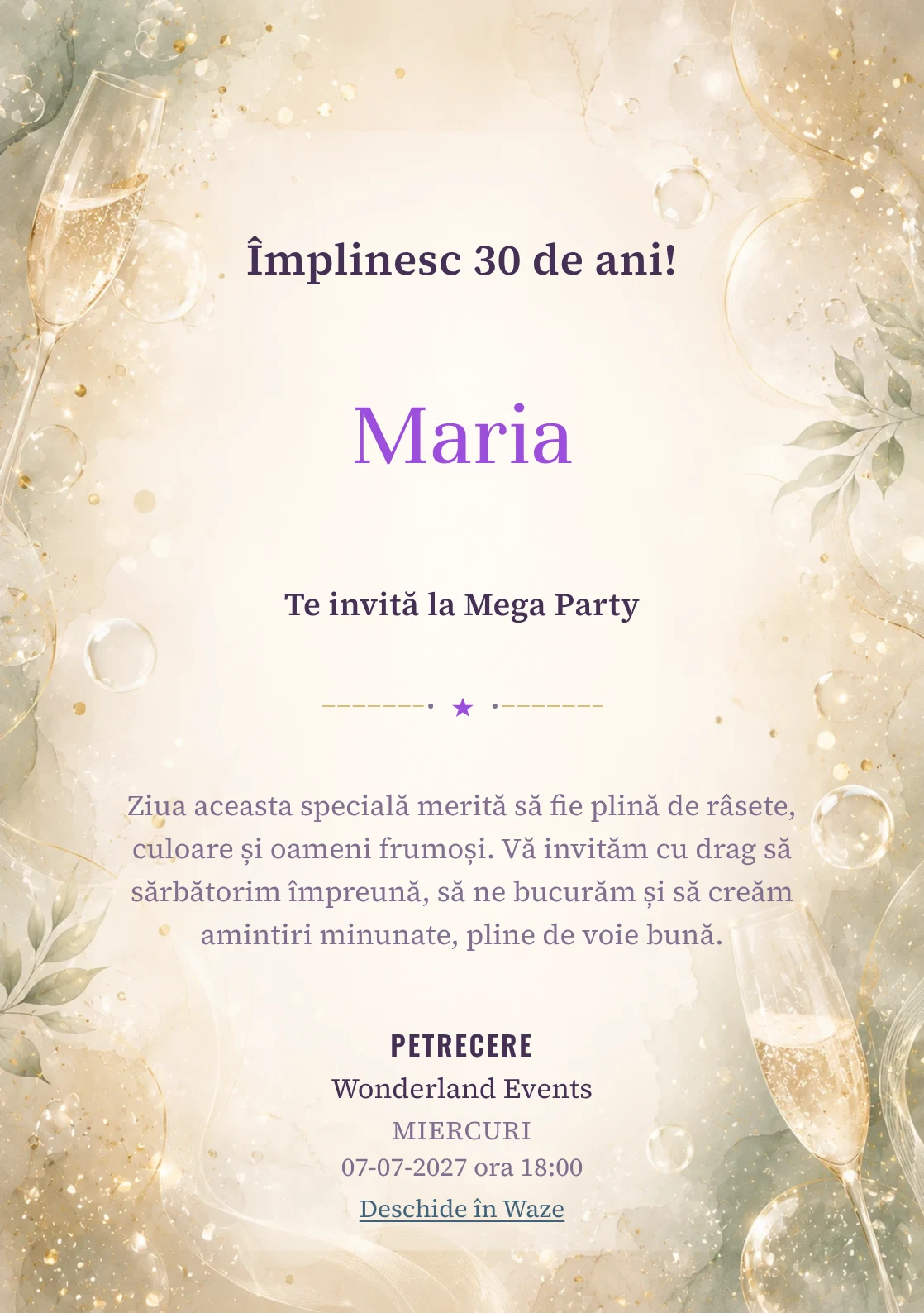 Modelul Champagne Mood, invitație de zi de naștere pentru adulți, prezintă bule fine, strălucire rafinat și verde salvie pal.