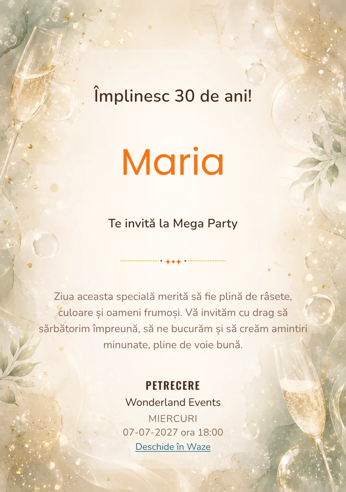 Modelul Champagne Mood, invitație de zi de naștere pentru adulți, prezintă bule fine, strălucire rafinat și verde salvie pal.