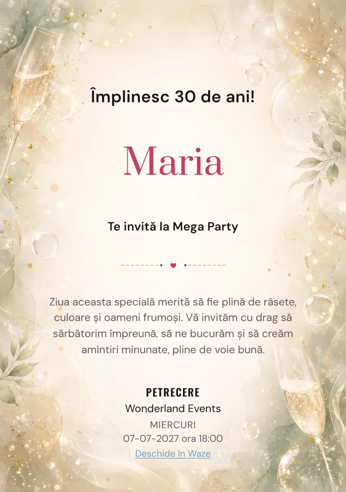Modelul Champagne Mood, invitație de zi de naștere pentru adulți, prezintă bule fine, strălucire rafinat și verde salvie pal.