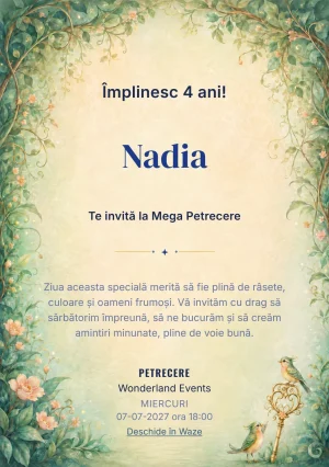 Cheia Regatului Secret – invitație aniversară pentru copii, cu o cheie ornamentală și două păsări-ghid.