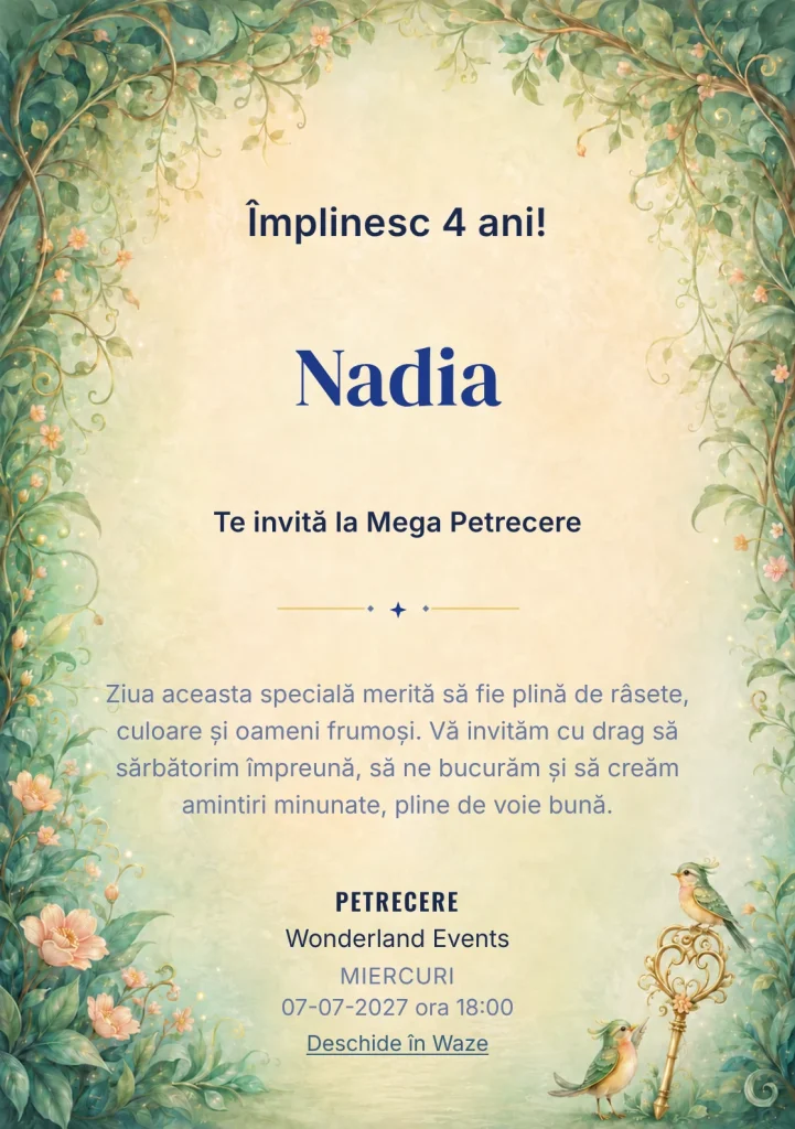 Cheia Regatului Secret – invitație aniversară pentru copii, cu o cheie ornamentală și două păsări-ghid.