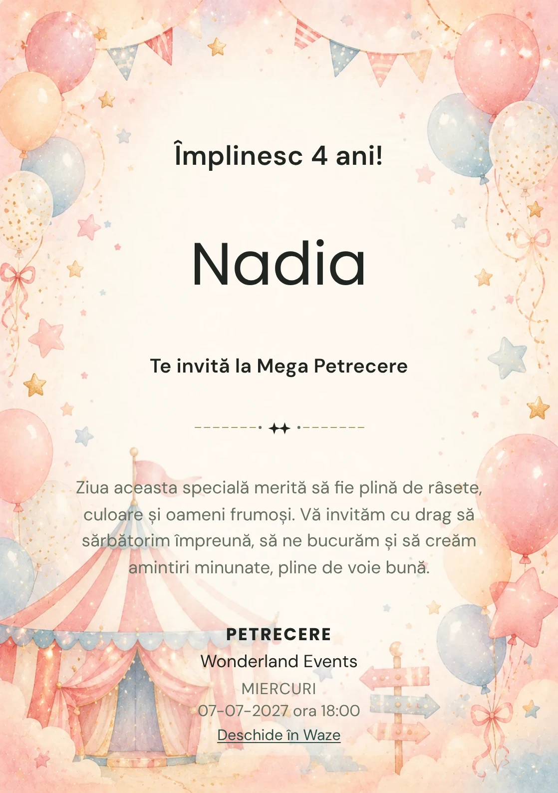 Circul Vesel, invitație de zi de naștere pentru copii, cu cort de circ pastel, baloane și stele.