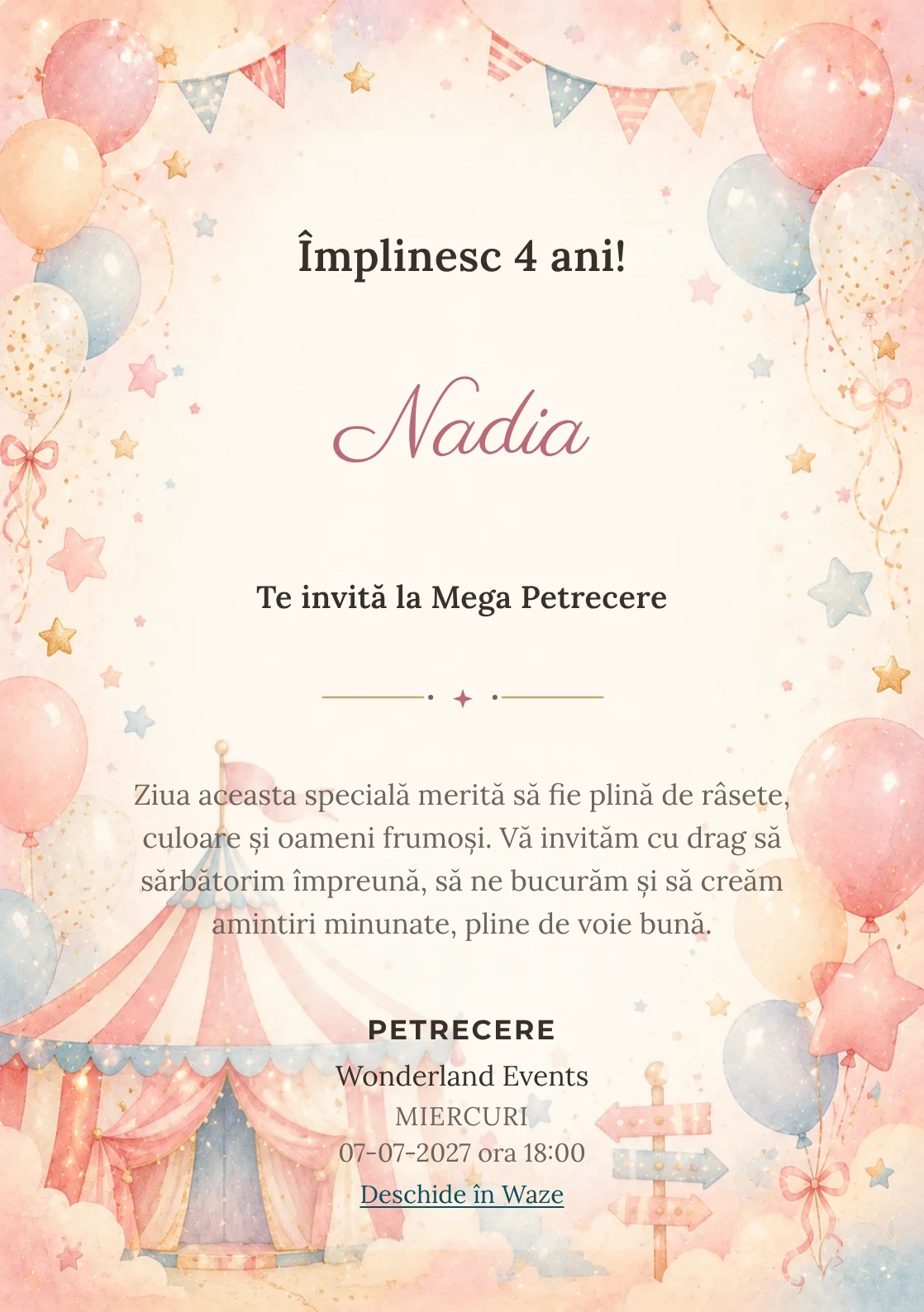 Circul Vesel, invitație de zi de naștere pentru copii, cu cort de circ pastel, baloane și stele.