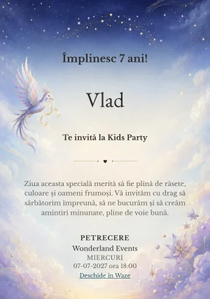 Modelul Coroana de Stele, invitație de zi de naștere pentru copii, prezintă o pasăre fantastică care poartă o panglică simplă.
