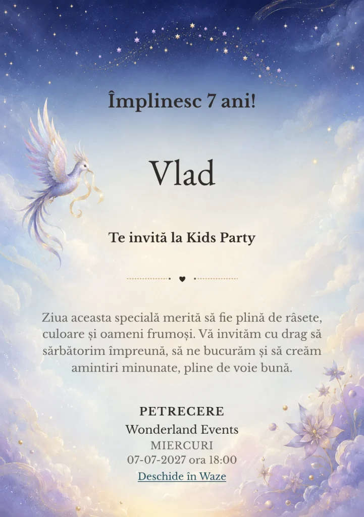 Modelul Coroana de Stele, invitație de zi de naștere pentru copii, prezintă o pasăre fantastică care poartă o panglică simplă.