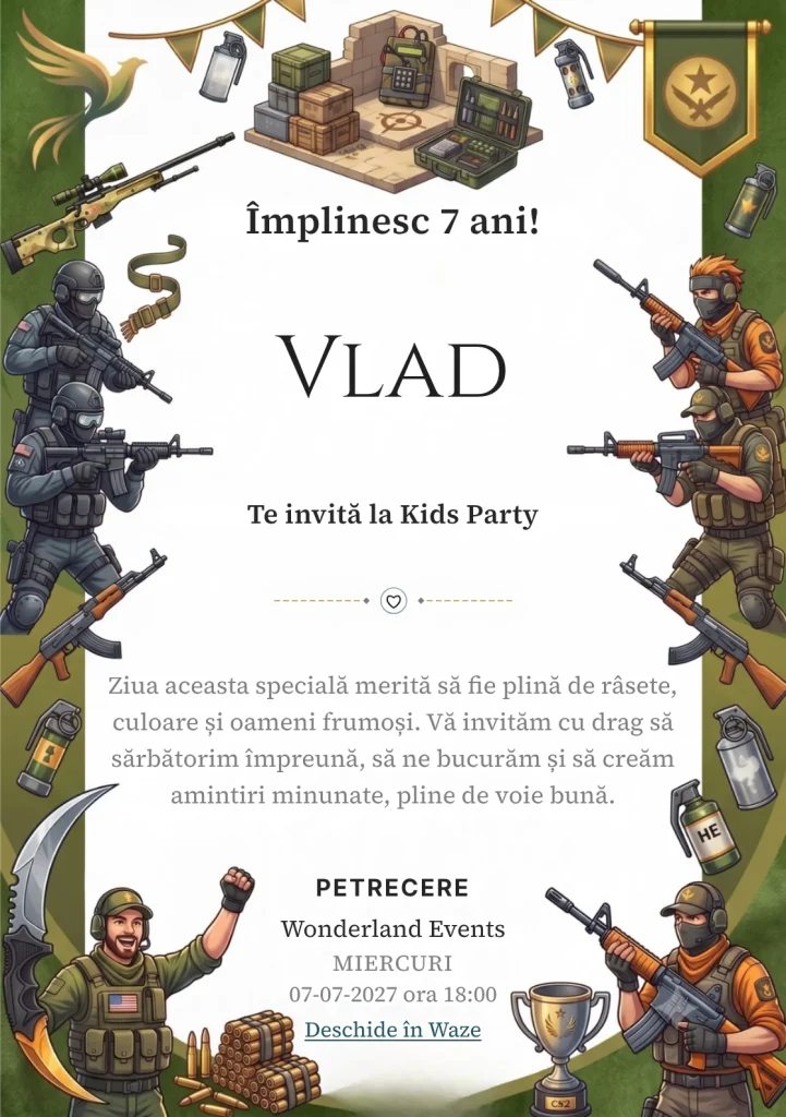 Counter-Strike 2 – Echipa Tactică – invitație aniversară pentru copii, cu luptători tactici, arme, echipamente și elemente inspirate din competiții esports.