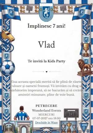 Modelul Craiova Maxima – Leii din Bănie, invitație de zi de naștere pentru copii, prezintă un cadru fotbalistic alb-albastru cu trofee, mingi, stadion și elemente de club.