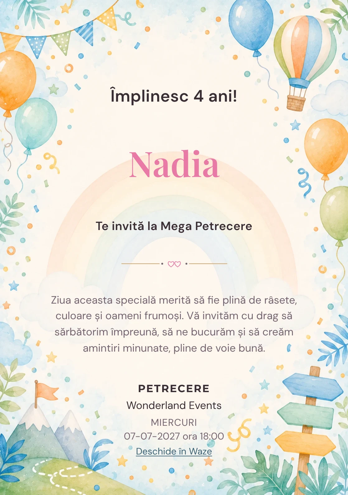 Curcubeu Vesel – invitație aniversară pentru copii, cu un curcubeu grafic delicat, baloane și confetti.