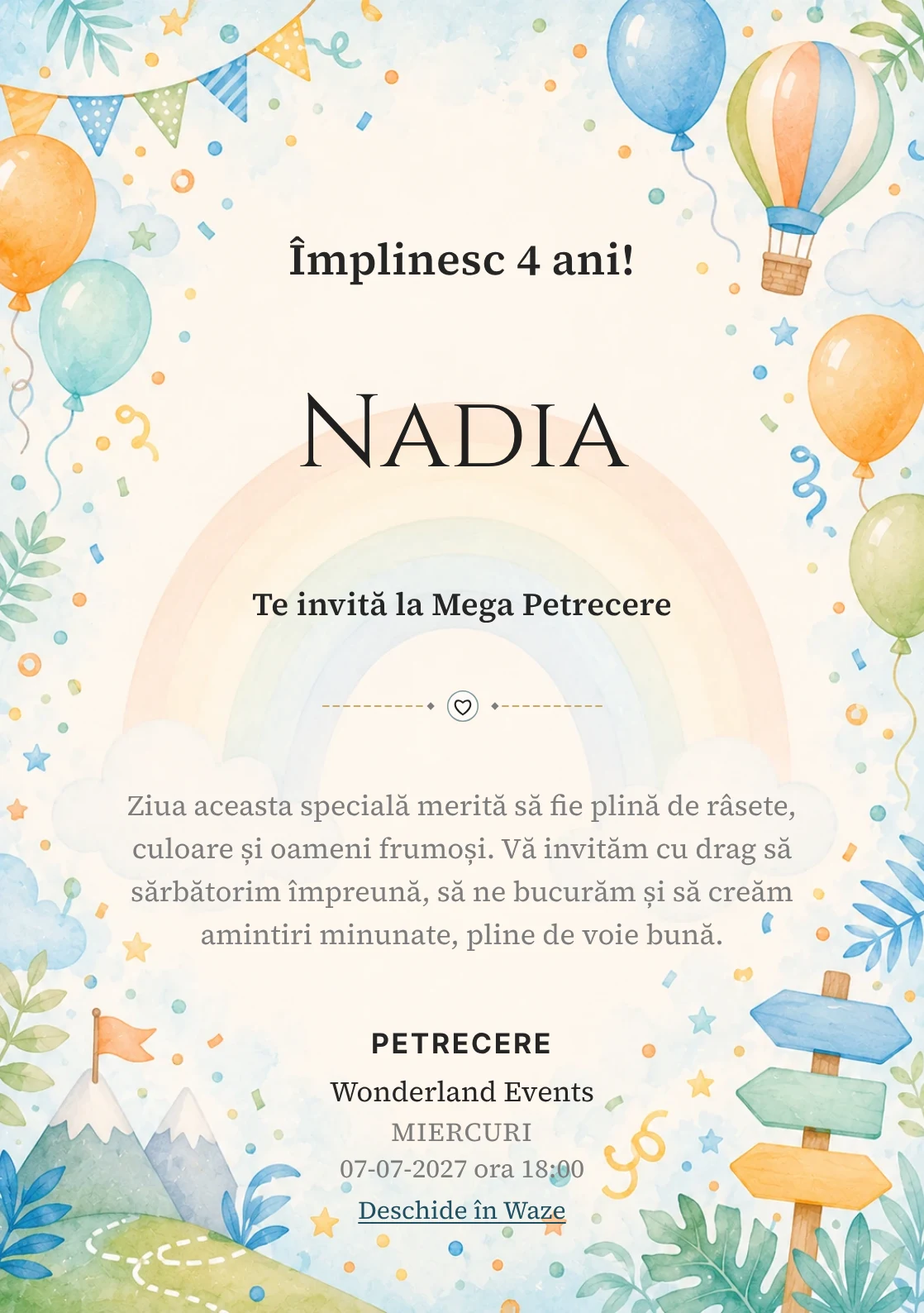 Curcubeu Vesel – invitație aniversară pentru copii, cu un curcubeu grafic delicat, baloane și confetti.