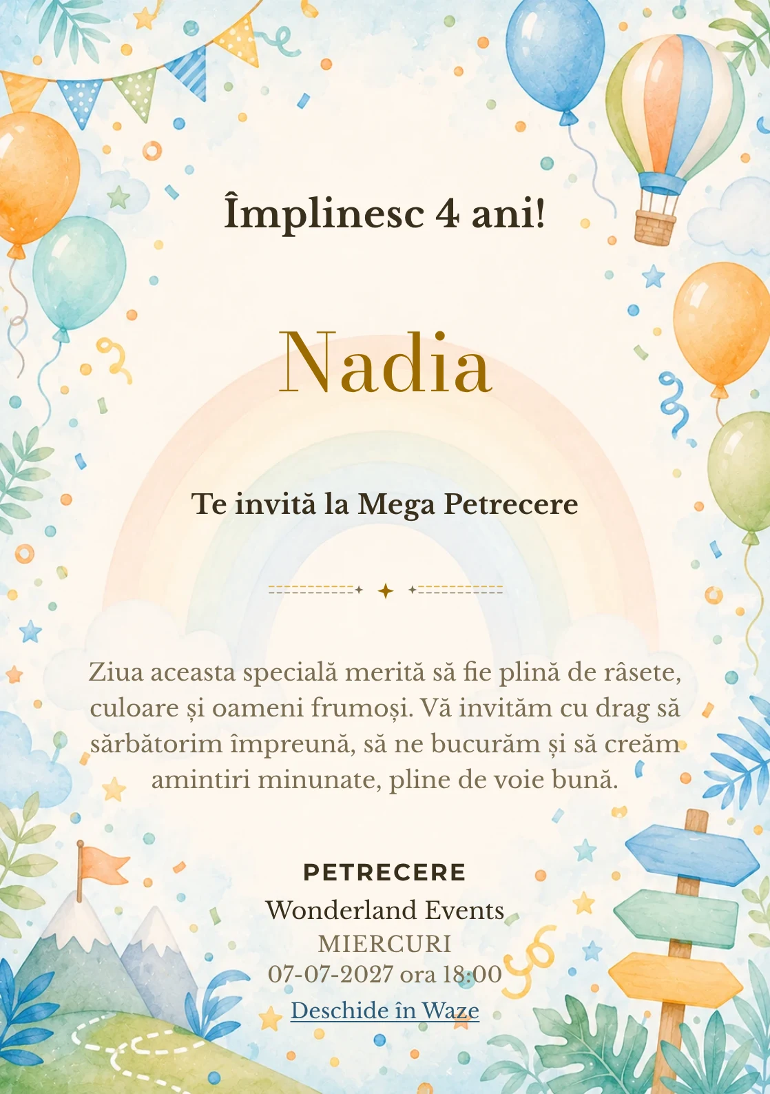 Curcubeu Vesel – invitație aniversară pentru copii, cu un curcubeu grafic delicat, baloane și confetti.