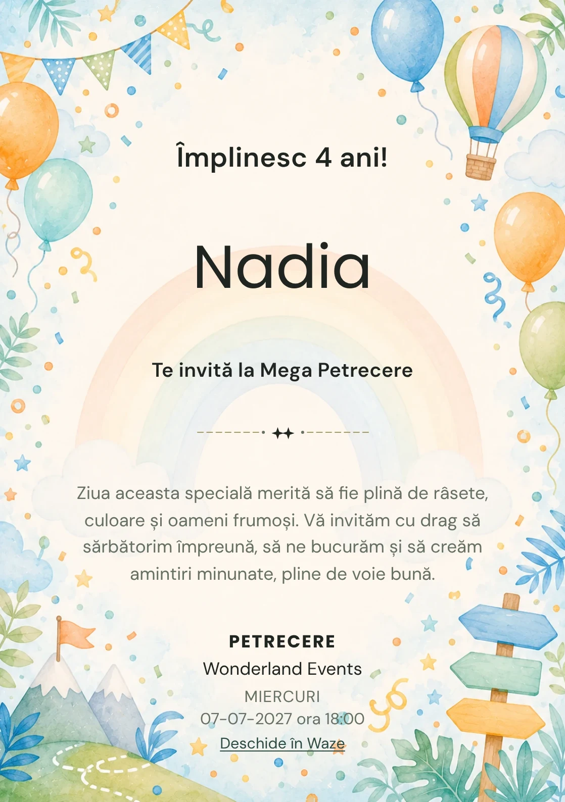 Curcubeu Vesel – invitație aniversară pentru copii, cu un curcubeu grafic delicat, baloane și confetti.