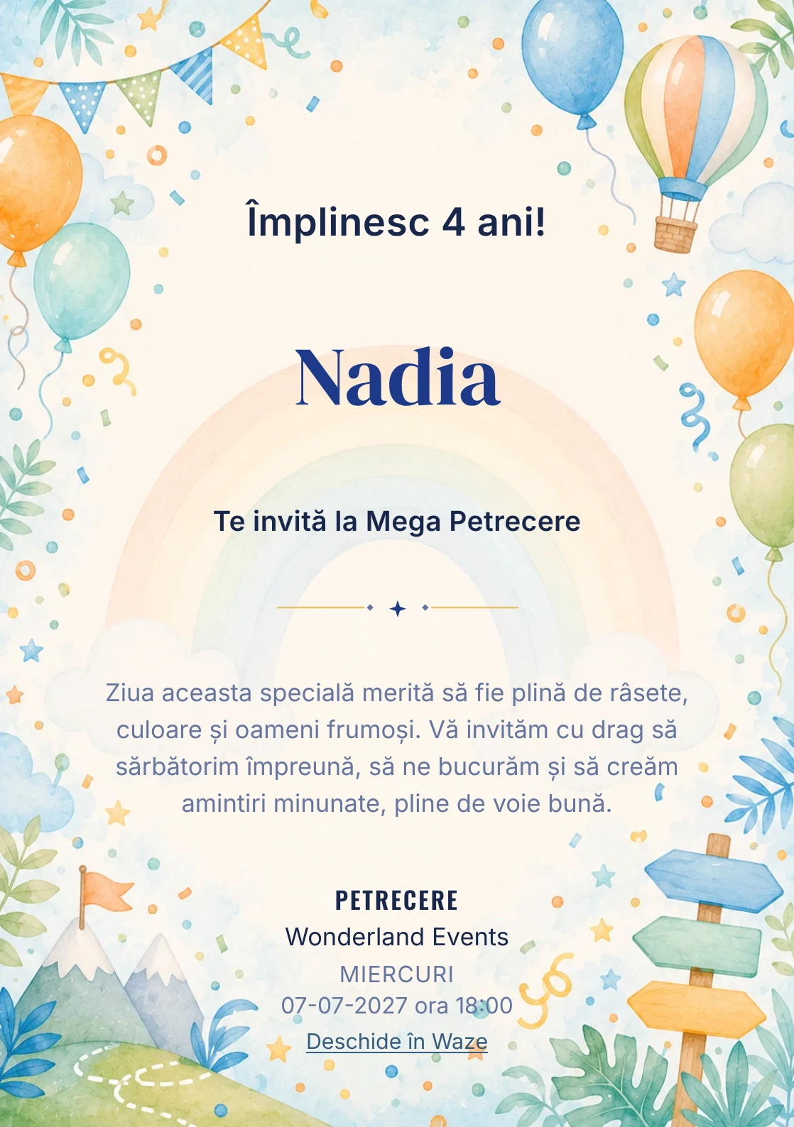 Curcubeu Vesel – invitație aniversară pentru copii, cu un curcubeu grafic delicat, baloane și confetti.