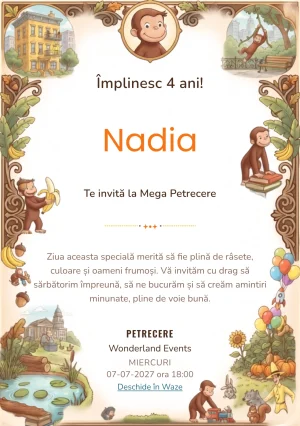 Invitație digitală Curiosul George – Maimuțica Poznașă pentru ziua de naștere a copiilor, cu o maimuțică veselă, peisaje urbane și naturale, baloane și obiecte de explorare.