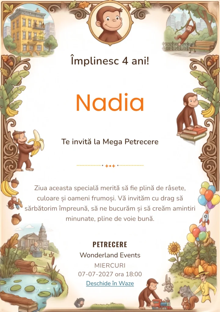Invitație digitală Curiosul George – Maimuțica Poznașă pentru ziua de naștere a copiilor, cu o maimuțică veselă, peisaje urbane și naturale, baloane și obiecte de explorare.