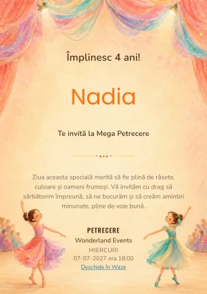Invitație digitală Dansul Culorilor pentru ziua de naștere a copiilor, cu doi dansatori-copii în ținute simple.