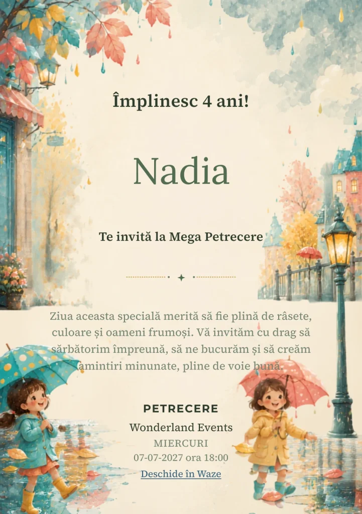 Invitație la ziua de naștere Dansul Ploii pentru copii, cu doi copii cu umbrele, fără personaje consacrate.