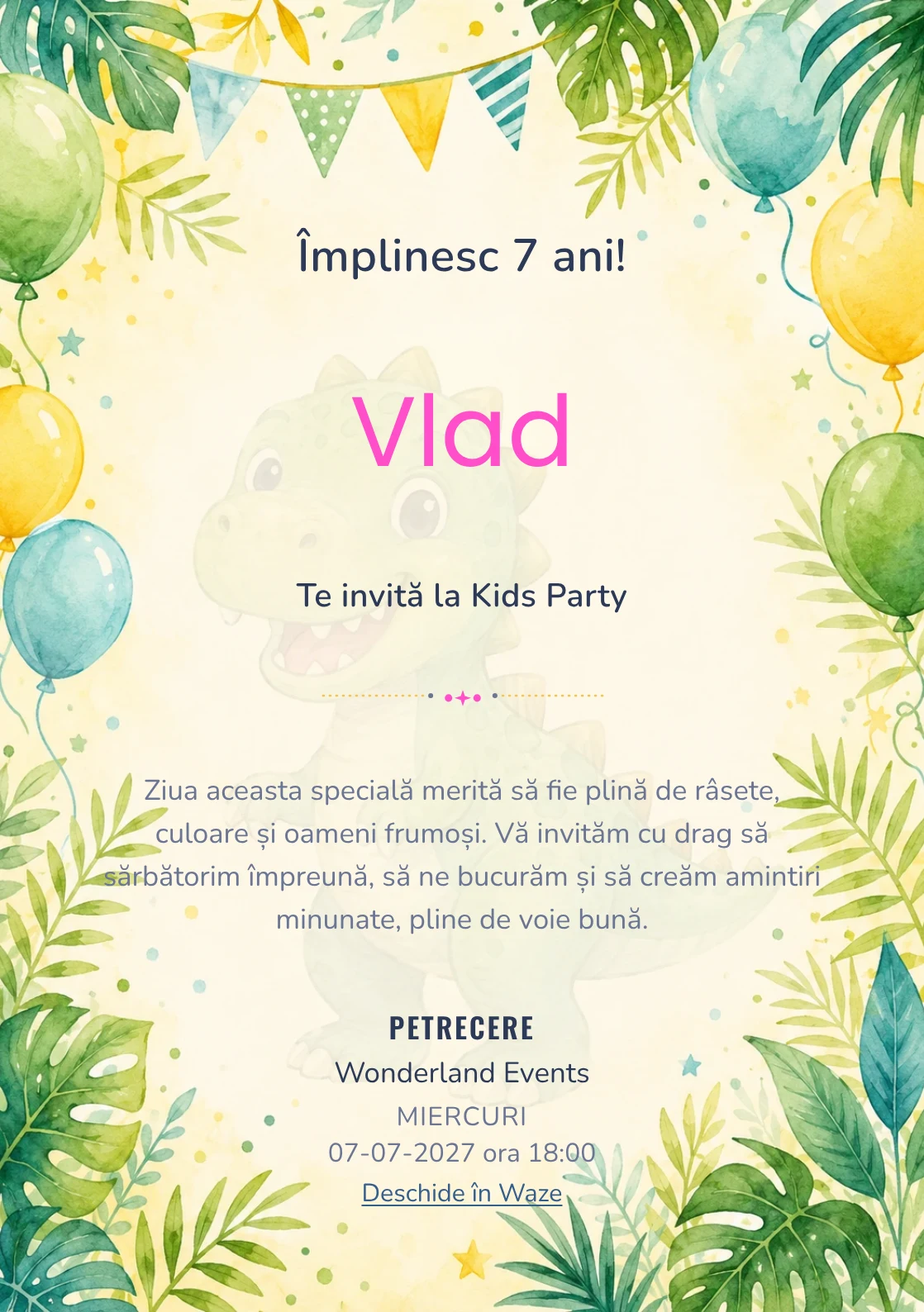 Invitație la ziua de naștere Dino Party pentru copii, cu dinozauri prietenoși, frunze tropicale și baloane pastel.