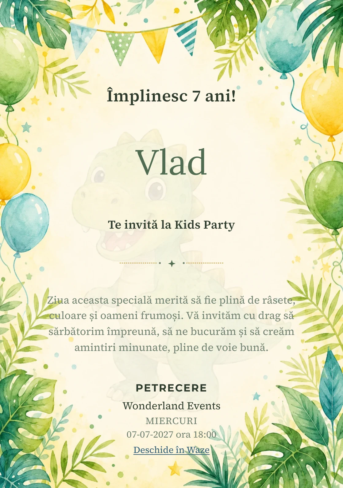 Invitație la ziua de naștere Dino Party pentru copii, cu dinozauri prietenoși, frunze tropicale și baloane pastel.