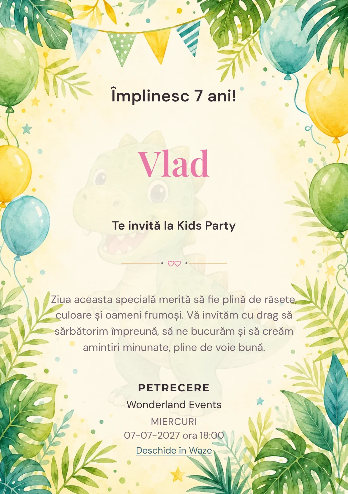 Invitație la ziua de naștere Dino Party pentru copii, cu dinozauri prietenoși, frunze tropicale și baloane pastel.
