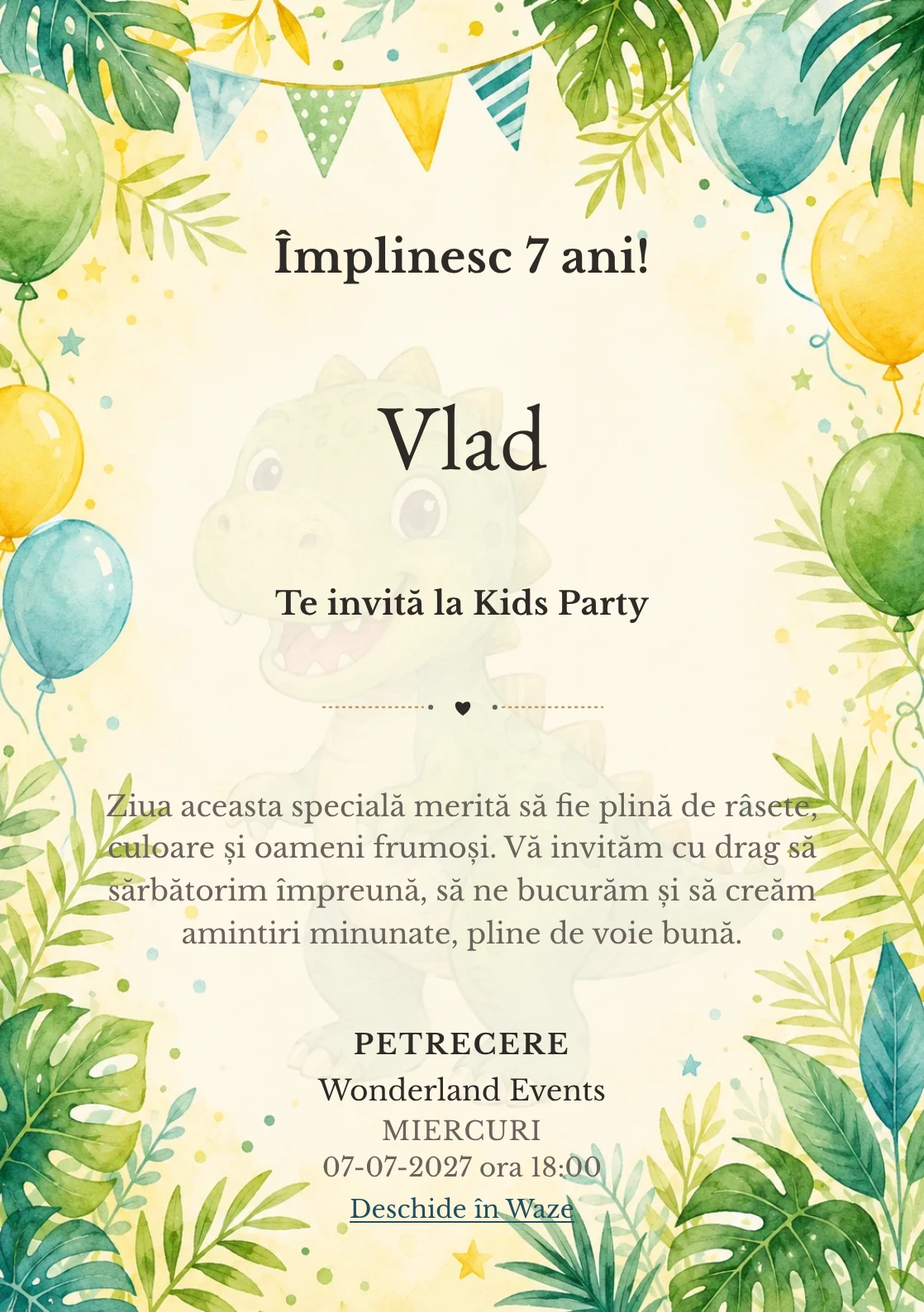 Invitație la ziua de naștere Dino Party pentru copii, cu dinozauri prietenoși, frunze tropicale și baloane pastel.