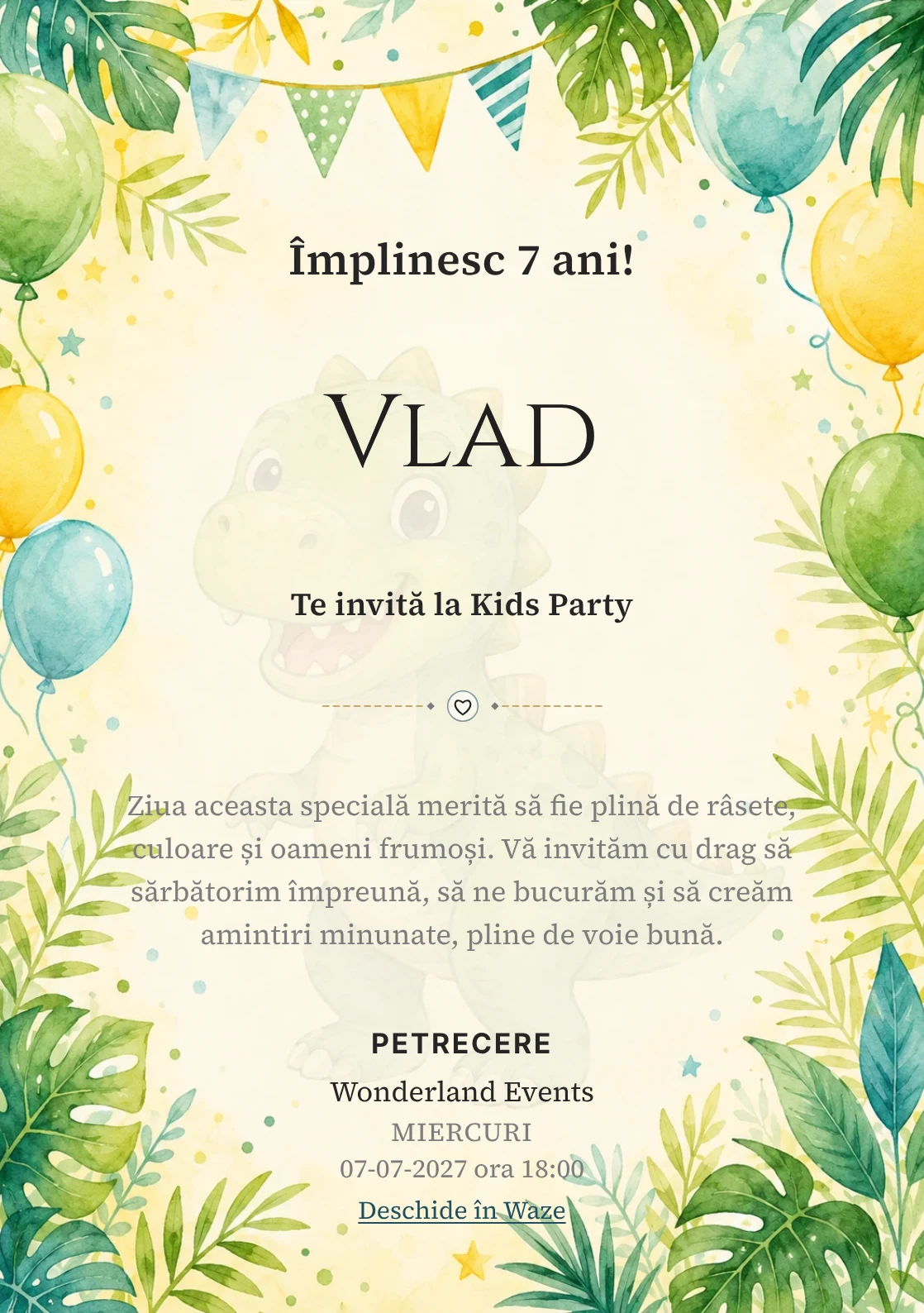 Invitație la ziua de naștere Dino Party pentru copii, cu dinozauri prietenoși, frunze tropicale și baloane pastel.