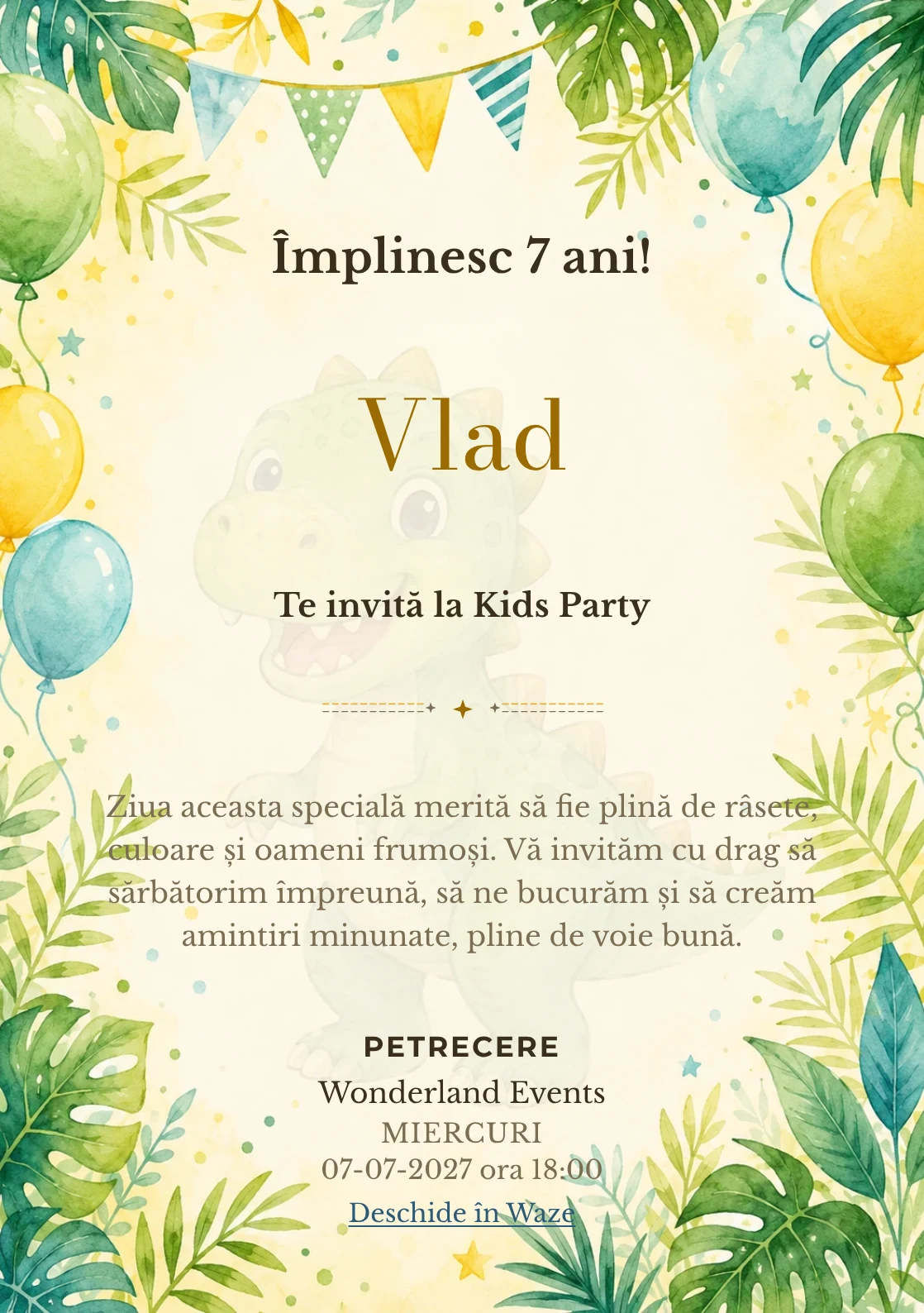 Invitație la ziua de naștere Dino Party pentru copii, cu dinozauri prietenoși, frunze tropicale și baloane pastel.
