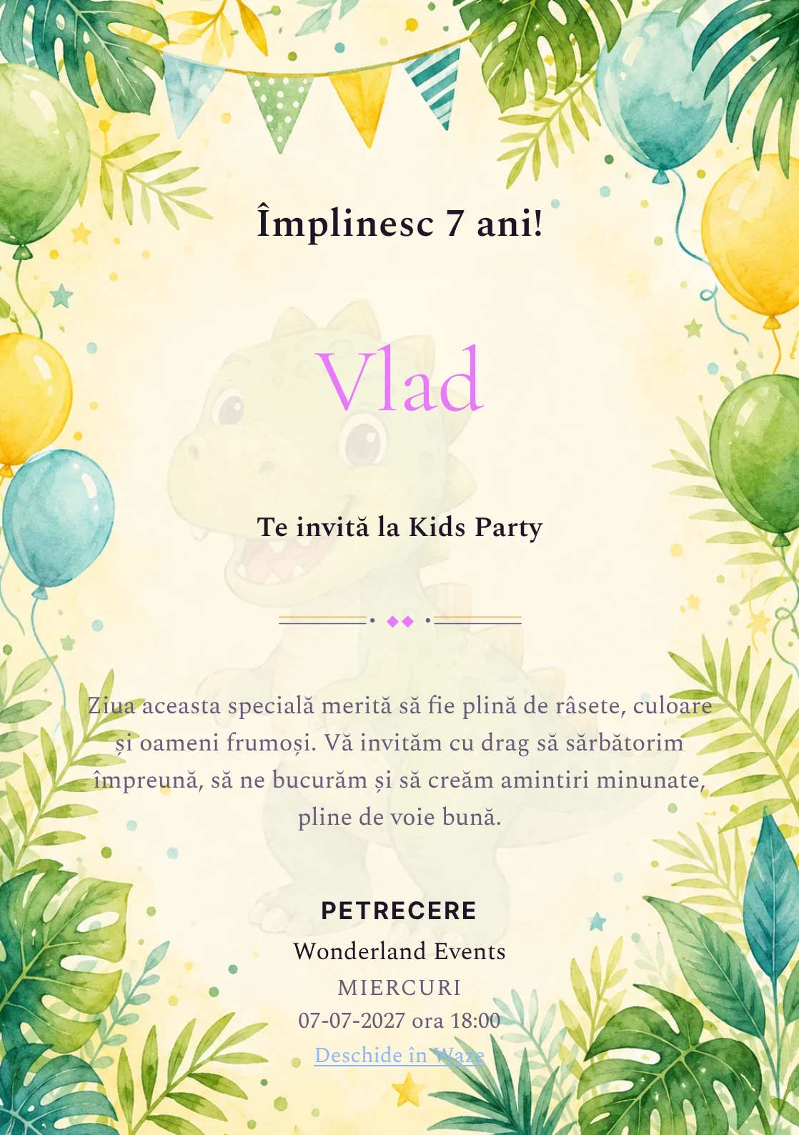 Invitație la ziua de naștere Dino Party pentru copii, cu dinozauri prietenoși, frunze tropicale și baloane pastel.