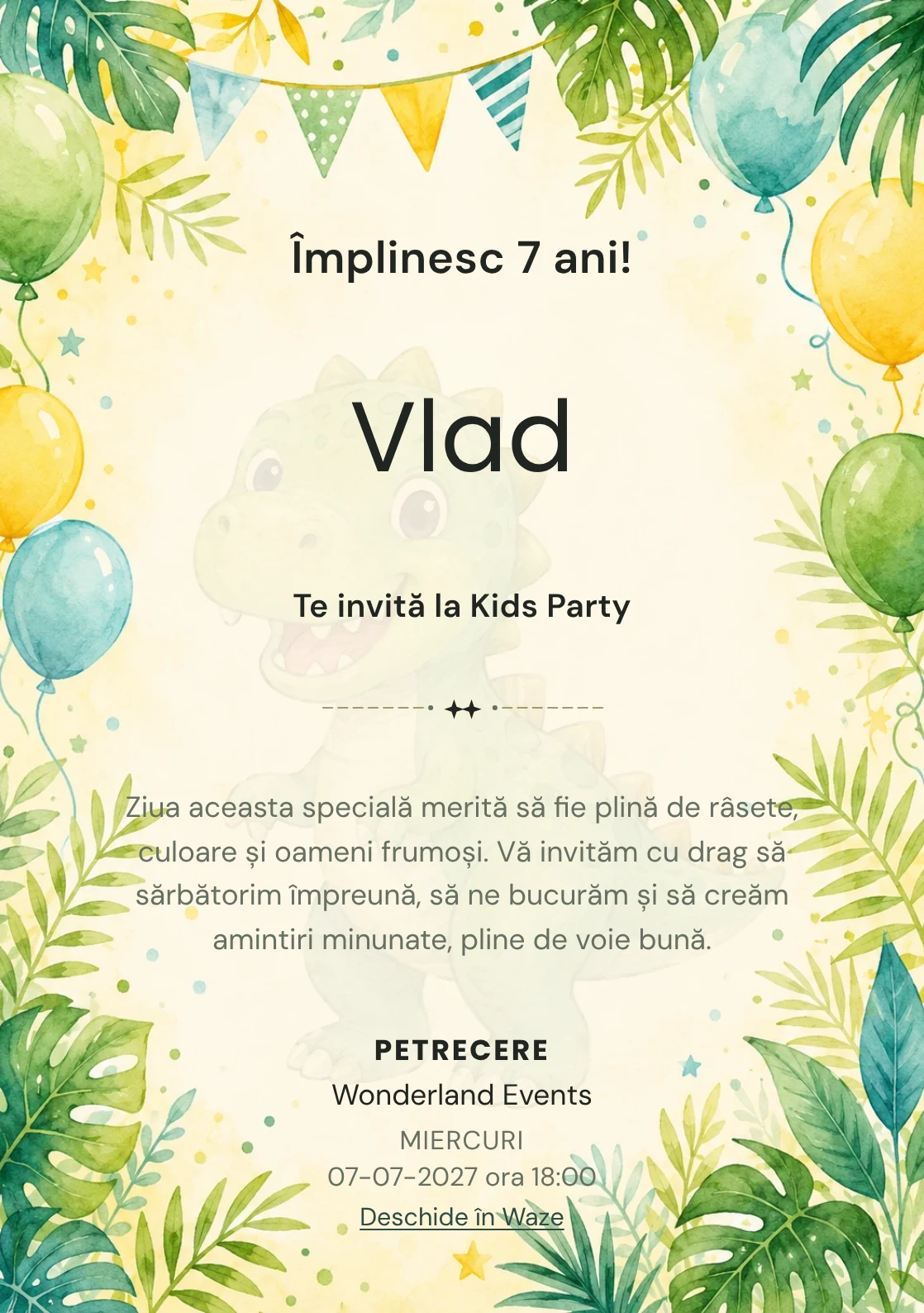 Invitație la ziua de naștere Dino Party pentru copii, cu dinozauri prietenoși, frunze tropicale și baloane pastel.