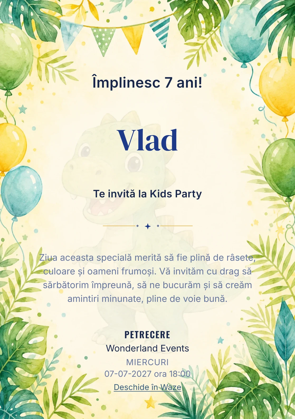 Invitație la ziua de naștere Dino Party pentru copii, cu dinozauri prietenoși, frunze tropicale și baloane pastel.