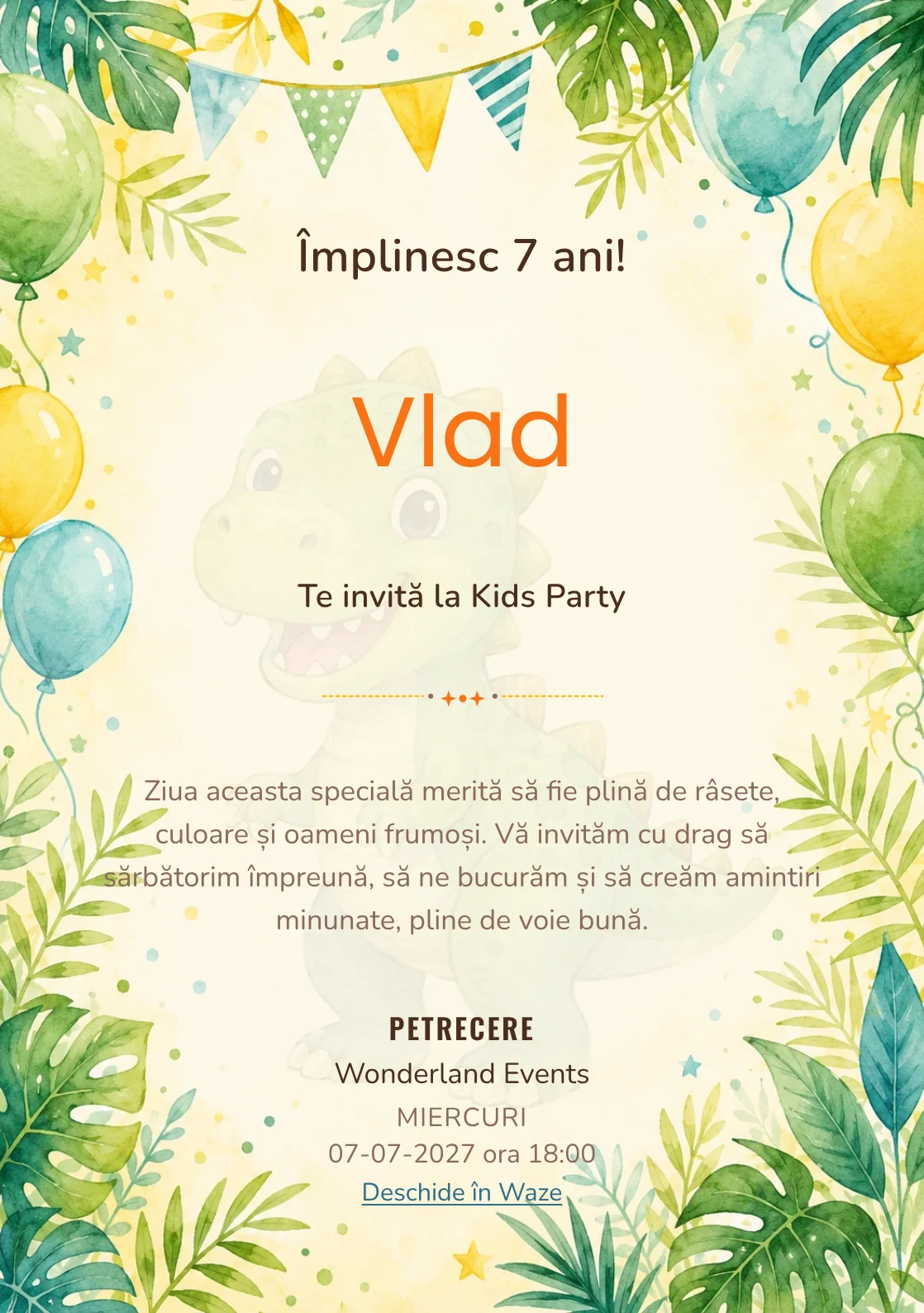 Invitație la ziua de naștere Dino Party pentru copii, cu dinozauri prietenoși, frunze tropicale și baloane pastel.