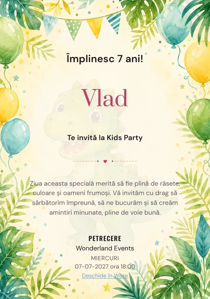 Invitație la ziua de naștere Dino Party pentru copii, cu dinozauri prietenoși, frunze tropicale și baloane pastel.