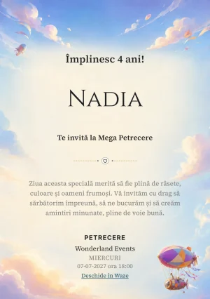 Modelul Dirijabilul Vesel, invitație de zi de naștere pentru copii, prezintă un dirijabil asimetric decorat cu forme geometrice.
