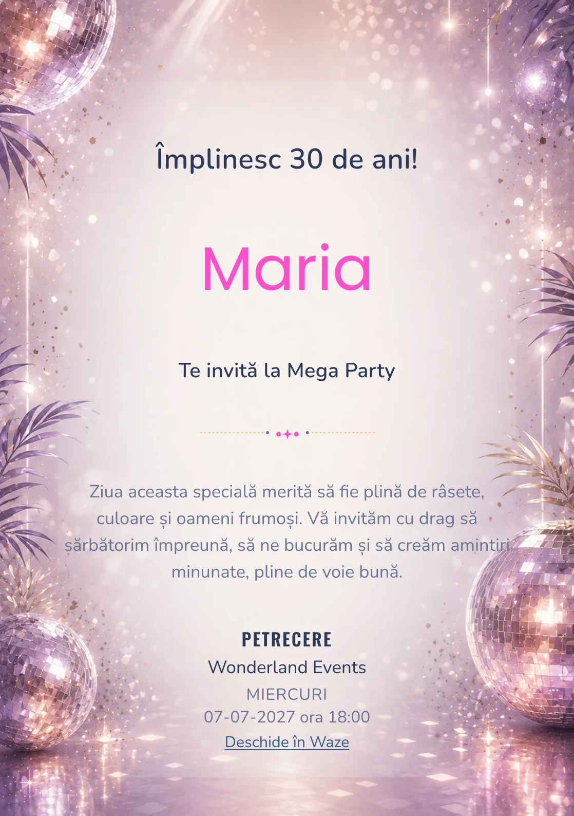 Invitație digitală Disco Elegant pentru ziua de naștere a adulților, cu globuri de oglinzi, reflexii argintii și violet pal.