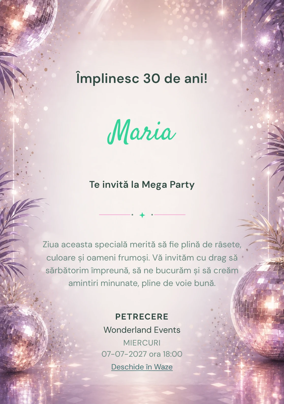 Invitație digitală Disco Elegant pentru ziua de naștere a adulților, cu globuri de oglinzi, reflexii argintii și violet pal.