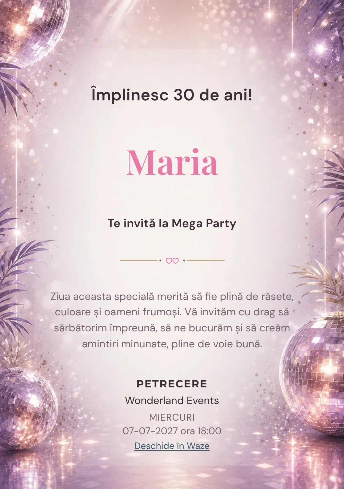 Invitație digitală Disco Elegant pentru ziua de naștere a adulților, cu globuri de oglinzi, reflexii argintii și violet pal.
