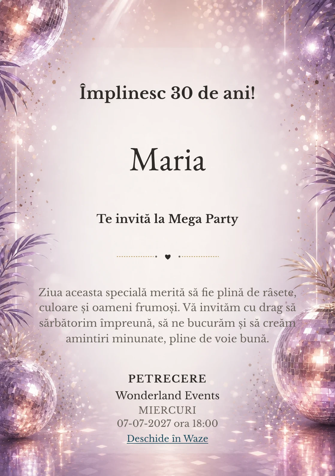 Invitație digitală Disco Elegant pentru ziua de naștere a adulților, cu globuri de oglinzi, reflexii argintii și violet pal.