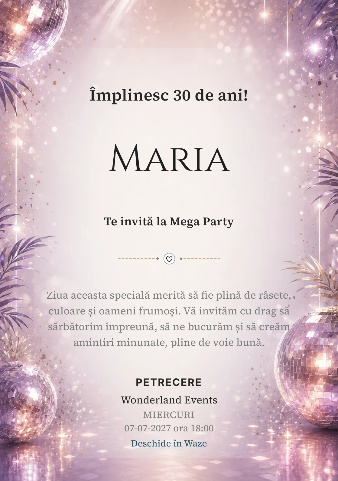 Invitație digitală Disco Elegant pentru ziua de naștere a adulților, cu globuri de oglinzi, reflexii argintii și violet pal.