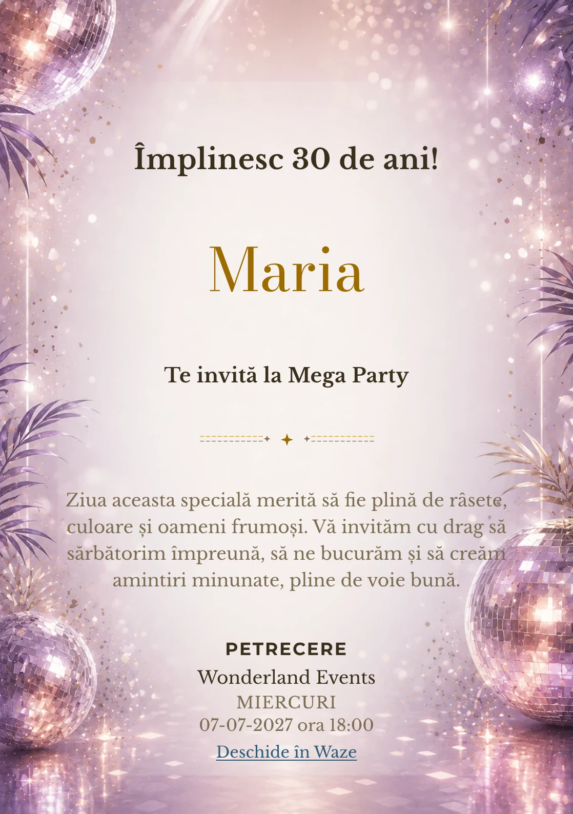 Invitație digitală Disco Elegant pentru ziua de naștere a adulților, cu globuri de oglinzi, reflexii argintii și violet pal.