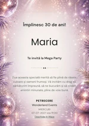 Invitație digitală Disco Elegant pentru ziua de naștere a adulților, cu globuri de oglinzi, reflexii argintii și violet pal.