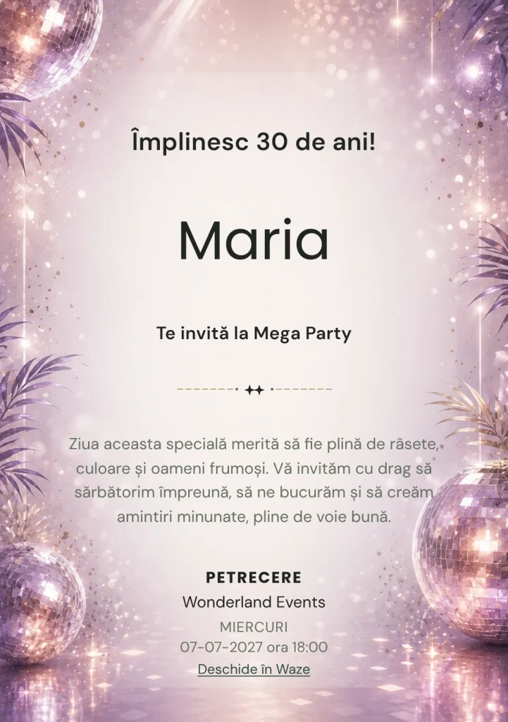Invitație digitală Disco Elegant pentru ziua de naștere a adulților, cu globuri de oglinzi, reflexii argintii și violet pal.