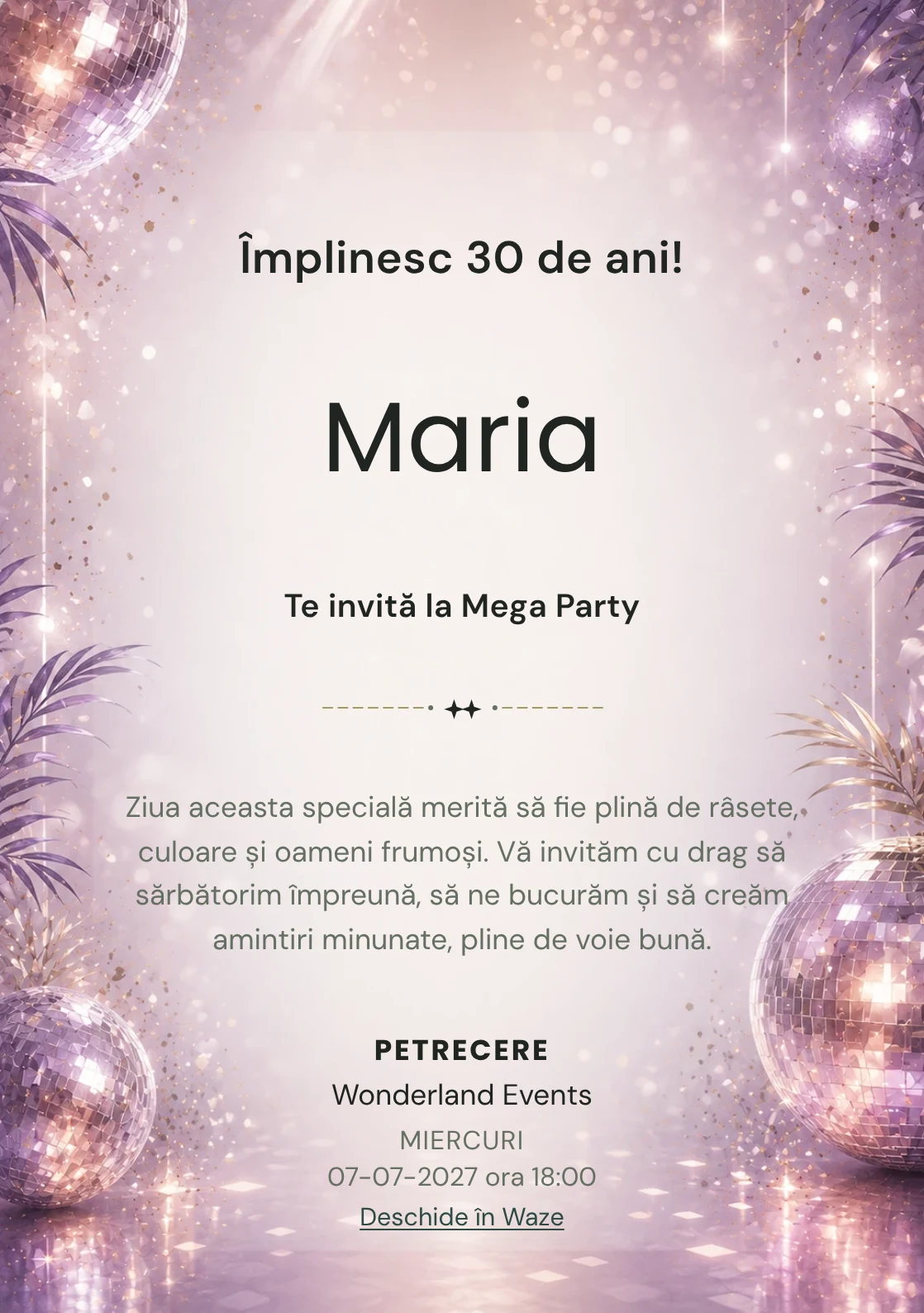 Invitație digitală Disco Elegant pentru ziua de naștere a adulților, cu globuri de oglinzi, reflexii argintii și violet pal.