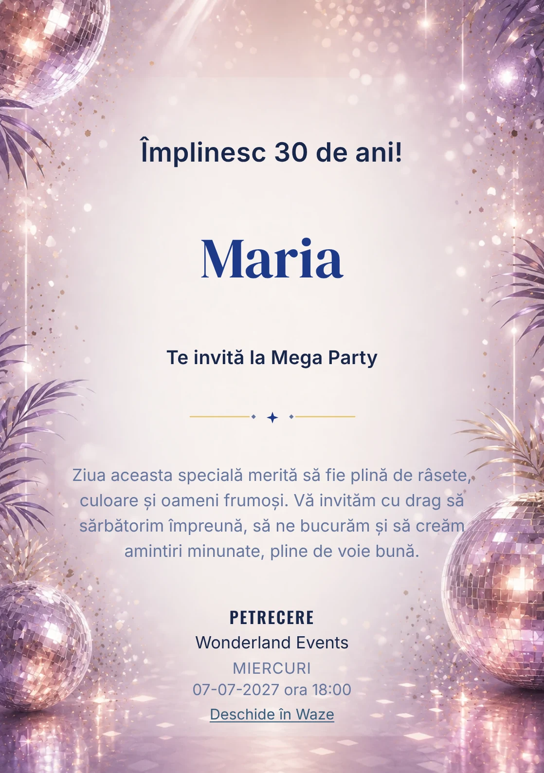 Invitație digitală Disco Elegant pentru ziua de naștere a adulților, cu globuri de oglinzi, reflexii argintii și violet pal.