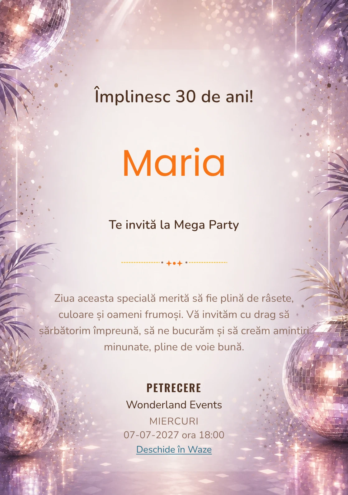 Invitație digitală Disco Elegant pentru ziua de naștere a adulților, cu globuri de oglinzi, reflexii argintii și violet pal.