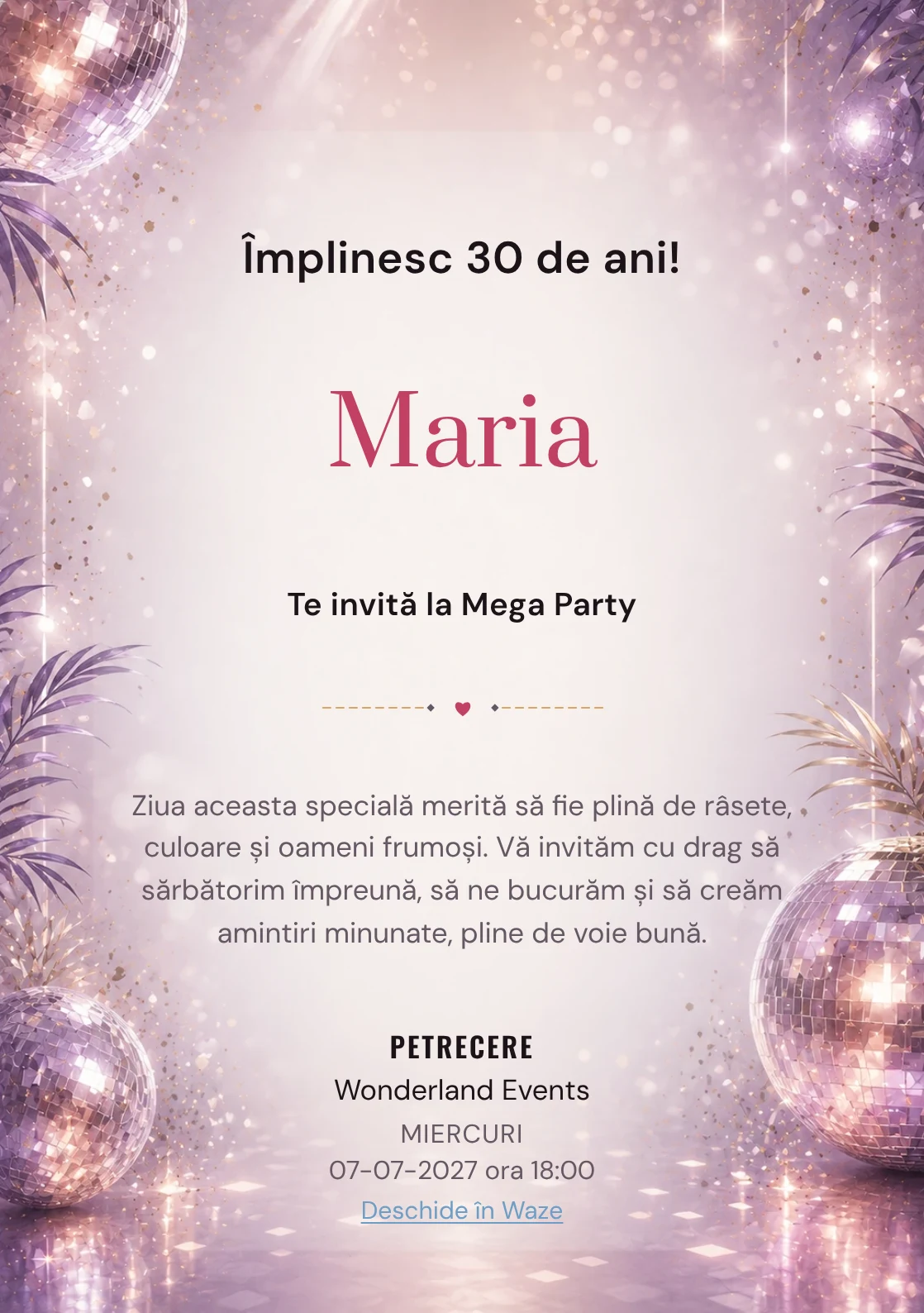Invitație digitală Disco Elegant pentru ziua de naștere a adulților, cu globuri de oglinzi, reflexii argintii și violet pal.