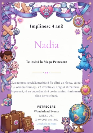 Doc McStuffins – Clinica Jucăriilor – invitație aniversară pentru copii, cu un cadru medical jucăuș cu doctoriță, plușuri, instrumente și simboluri de îngrijire.