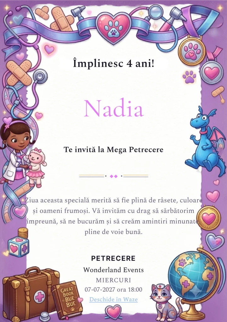 Doc McStuffins – Clinica Jucăriilor – invitație aniversară pentru copii, cu un cadru medical jucăuș cu doctoriță, plușuri, instrumente și simboluri de îngrijire.